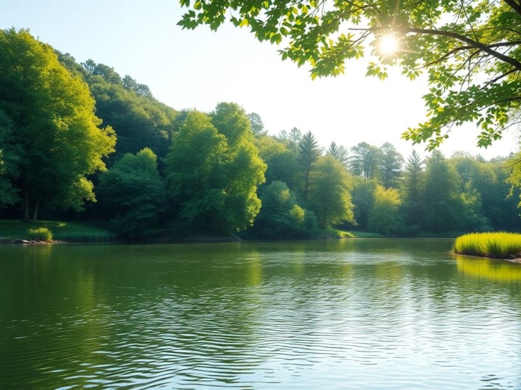 Peisaj liniștit cu un lac și vegetație verde.