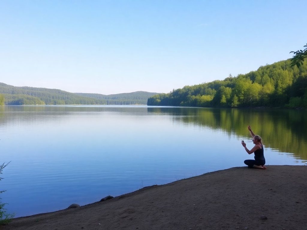 Peisaj liniștit cu lac și persoană practicând yoga.