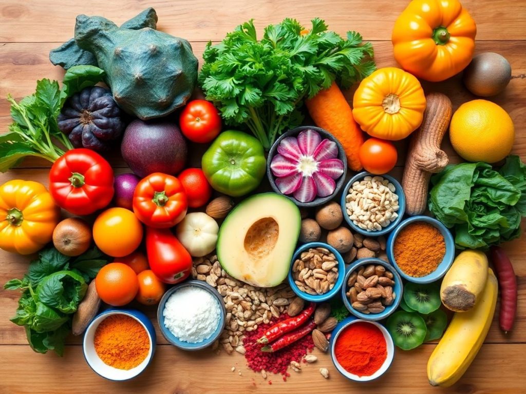 Asortiment de fructe, legume, nuci si condimente proaspete.