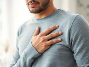 Persoană îngrijorată ținându-și mâna pe piept.