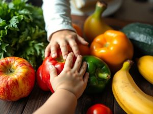 Mână de copil, fructe și legume proaspete