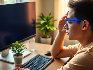 Persoană cu ochelari de protecție pentru lumină albastră la birou.