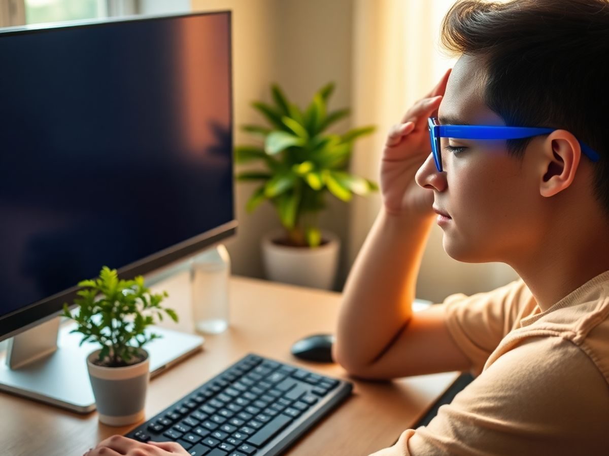 Persoană cu ochelari de protecție pentru lumină albastră la birou.