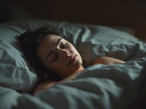 Femeie dormind liniștită într-un pat confortabil.