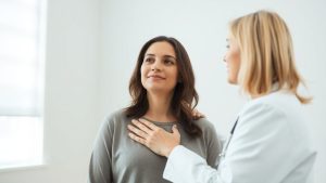 Doctor calmând un pacient în timpul unui control medical.