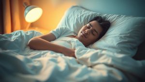 O persoană dormind liniștită într-un pat confortabil.