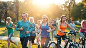 Oameni activi făcând mișcare în aer liber.