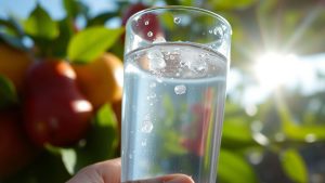 Pahar cu apă proaspătă și fructe pe fundal.